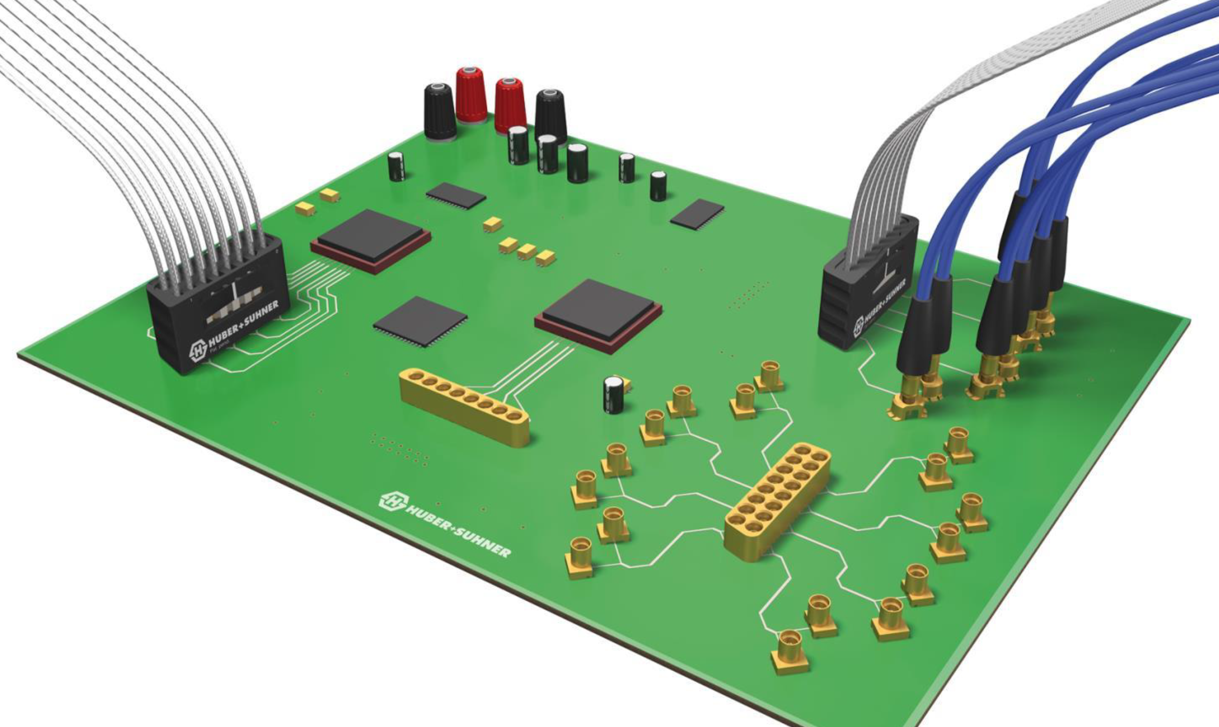 Evaluation board fitted with HUBER+SUHNER connectors